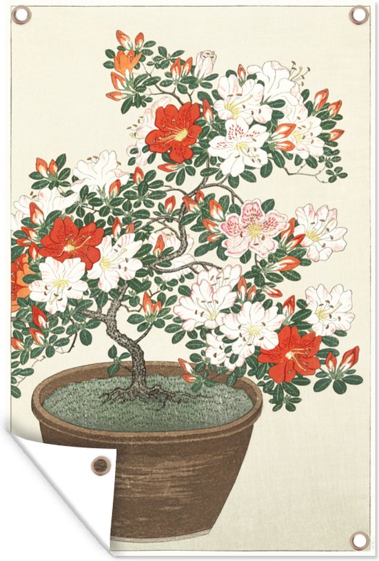 Tuindecoratie Blooming azalea in brown pot - schilderij van Ohara Koson - 40x60 cm - Tuinposter - Tuindoek - Buitenposter