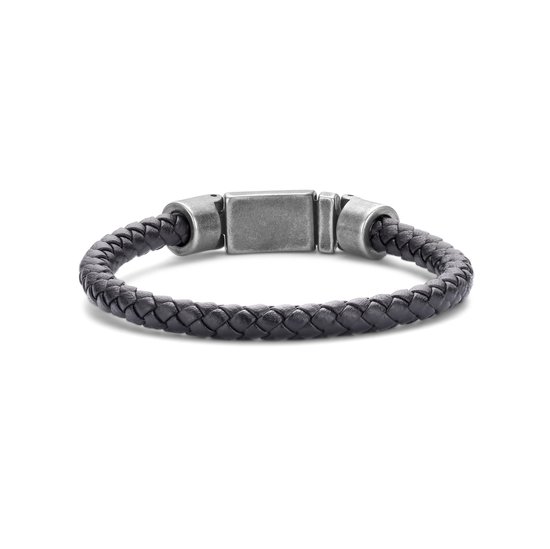 Frank 1967 7FB-0610-20 Leren Armband - Heren - Gevlochten - 6,2 mm Dikte - Stalen Slot - 10,7 mm Breed - Leer - 20 cm - Zwart