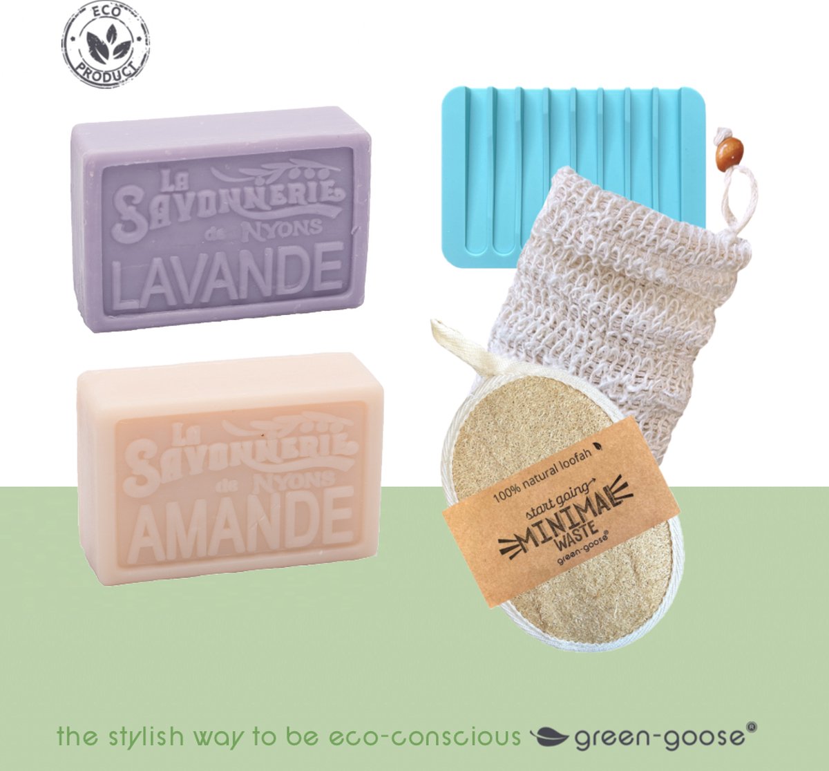 green-goose® Verzorgingsset met 2 x Zeep, Zeephouder, Zeepzakje en Natuurlijke Loofah Spons | Lavendel en Amandel | Vrij van Parabene en SLS | Handmade in France