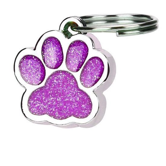 Hanger hondenpootje paars zilver met glitter 15x20 mm en ringetje