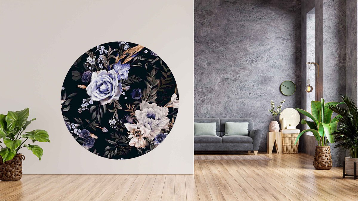 ByCristianne - Behangcirkel - Blauwe bloemen - Zelfklevend - 120 x 120 cm - Wandcirkel