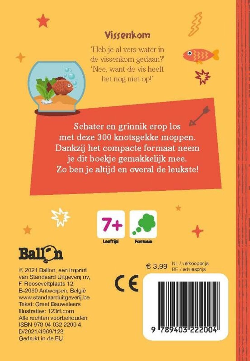 De achterkant van een boekje met de titel 'Vissenkom'. Twee goudvissen zwemmen in een kom. Tekst over 300 moppen. Leeftijd 7+.