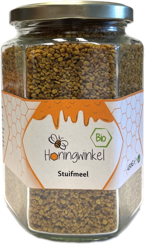 Gekristalliseerd stuifmeel in een glazen pot met het Honingwinkel logo en 'Bio'. 450g.