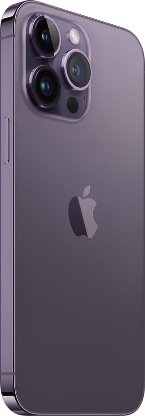Diep paarse iPhone 14 Pro Max, schuin van achteren getoond.