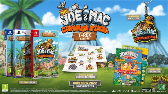 Overzicht van "New Joe & Mac: Caveman Ninja" T-Rex Edition, met games, stickers, trading card, en sleutelhanger.