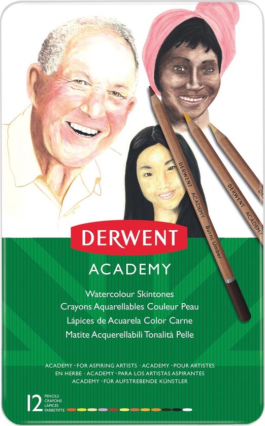 Deksel van een Derwent Academy aquarel potloden set 'Skintones'. Drie portretten, '12 Watercolour Skintones' en kleurindicaties.