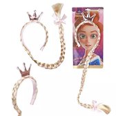 Haarband met blonde vlecht, kroontje en strikje - roze prinses diadeem - Kerstcadeau Sinterklaas schoencadeautje - kerst cadeau tip