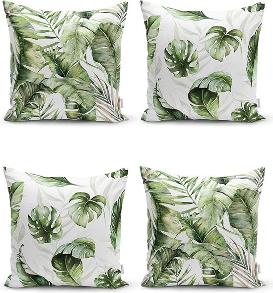 Coussins décoratifs lot de 4 pièces - COUSSINS INTÉRIEURS COMPRIS 45x45 cm - draps - vert - blanc - imprimé double face - taie d'oreiller - oreillers salon - housse de coussin