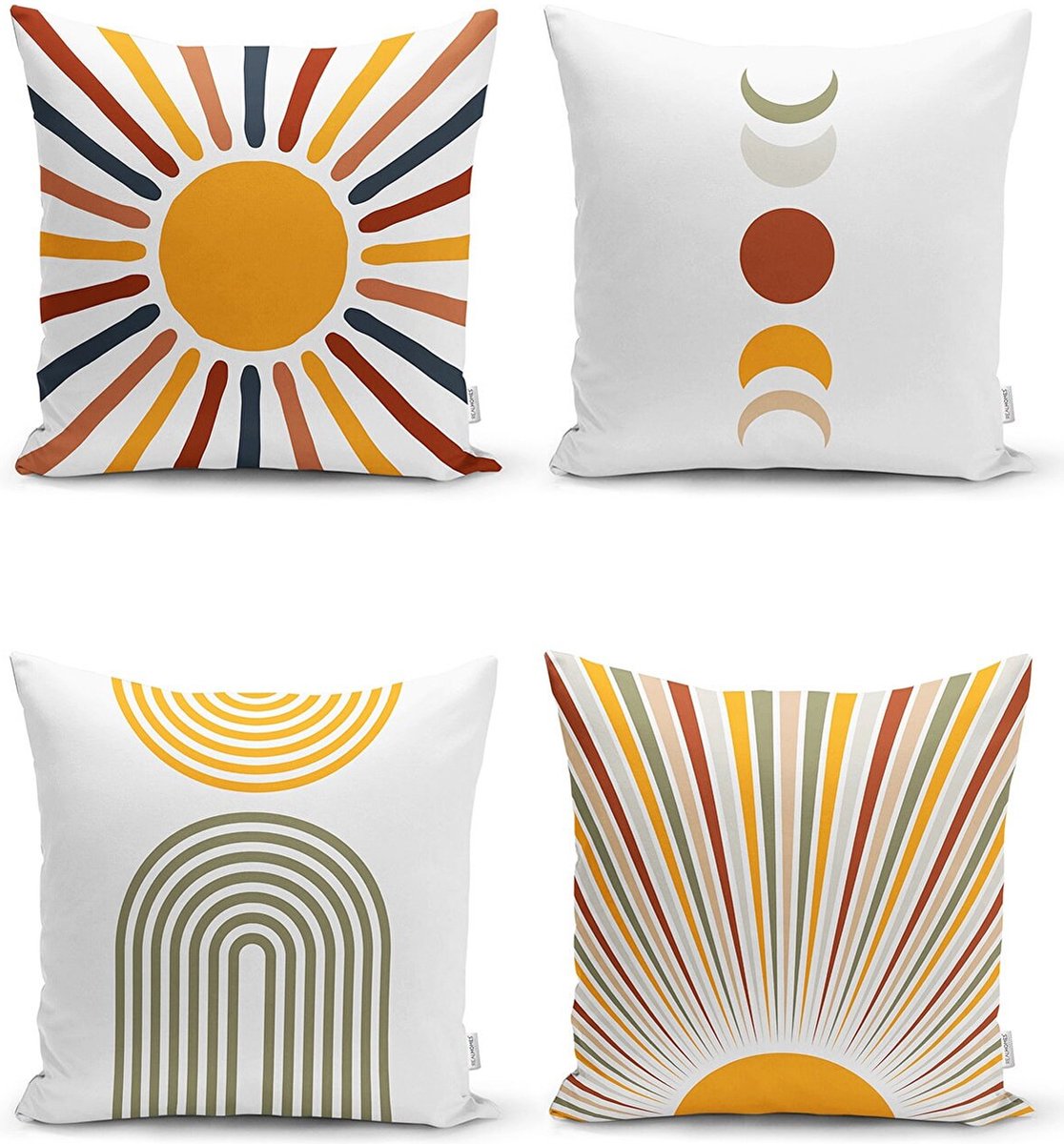 Sierkussens set van 4 stuks - INCLUSIEF BINNENKUSSENS 45x45 cm - abstract - sunrise - oranje - geel - bordeaux - wit- dubbelzijdig bedrukt - kussensloop - kussens woonkamer - kussenhoes