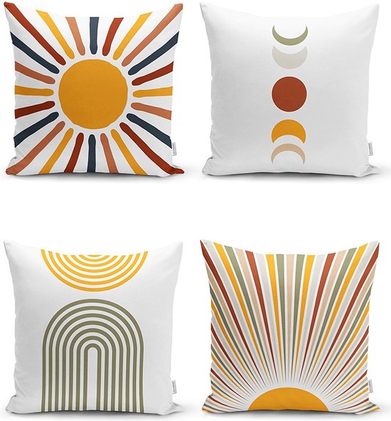 Lot de 4 Coussins décoratifs - Y COMPRIS LES COUSSINS INTÉRIEURS 45x45 cm - abstrait - lever de soleil - orange - jaune - bordeaux - blanc - imprimé double face - taie d'oreiller - oreillers salon - housse de coussin