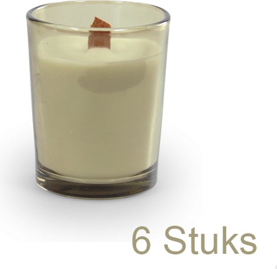 Vanhalst - 6 Pièces - Mini bougies en verre COTON/EUCALYPTUS de couleur mate avec mèche en BOIS et cire végétale - Idéal aussi pour baptême sucre ou remerciements
