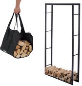 Lendo Online brandhoutrek 100x25x196cm + draagtas– Binnen en buiten -haardhout opslag – haardhoutrek – houtopslag – zwart - metaal