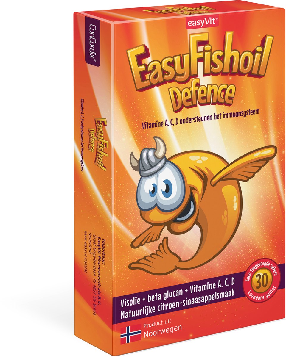 Goedkoopste Easyfishoil Defence Omega-3 visolie voedingssupplement met beta glucan, vitamine A, vitamine C, vitamine D. Zachte kauwgellies ter ondersteuning van het immuunsysteem van kinderen.