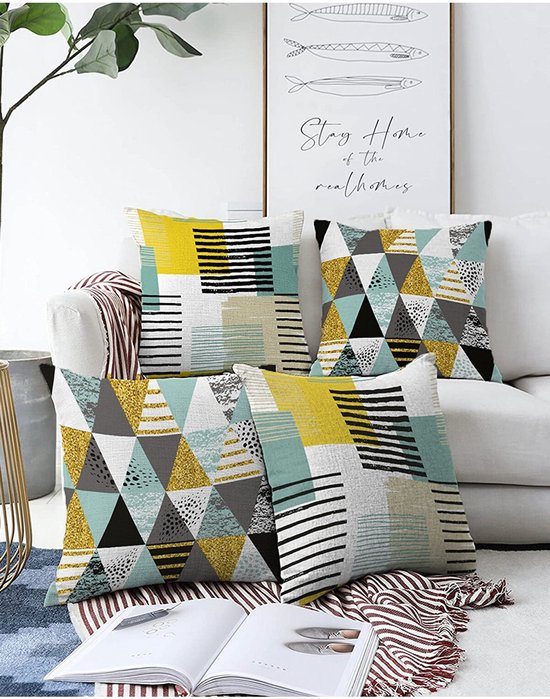 Lot de 4 Coussins décoratifs - Y COMPRIS LES COUSSINS INTÉRIEURS 45x45 cm - losanges - jaune - noir - vert - blanc - imprimé recto-verso - taie d'oreiller - oreillers salon - housse de coussin