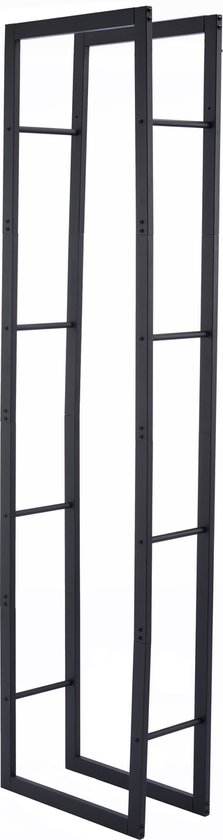 Zwart metalen rek voor brandhout, met een open, rechthoekig frame.