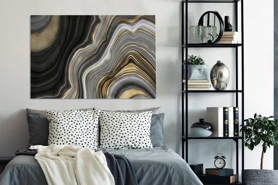 Toile Peinture Marbre - Pierre - Agate - Noir et Or - 140x90 cm - Décoration murale