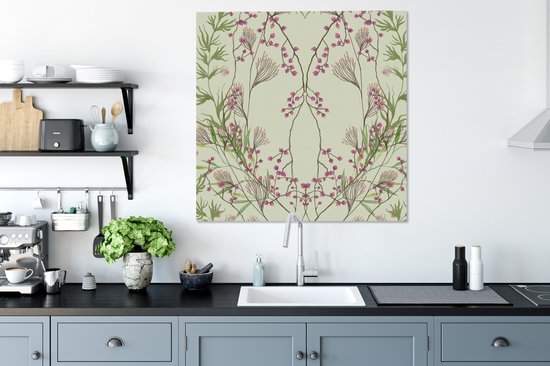 Canvas Schilderij Groen - Pastel - Bladeren - Bloemen - 90x90 cm - Wanddecoratie