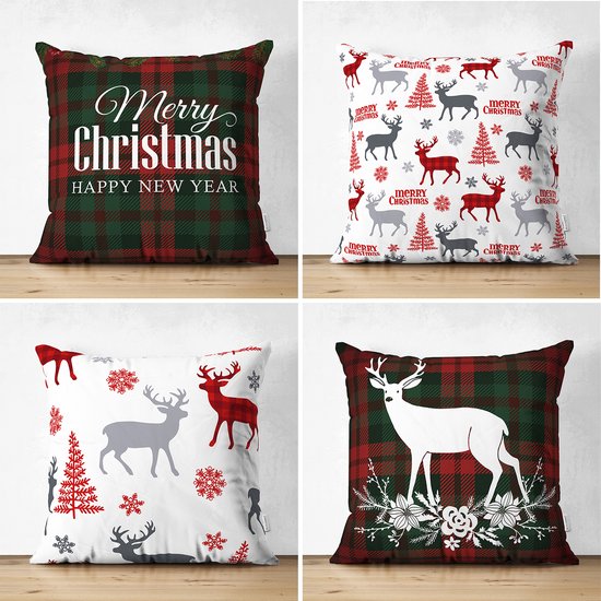 Zethome Kussenhoes Set voor Kerstpatroon - 43 x 43 cm - 4 stuk - Dubbelzijdig Bedrukt – Soft Touch – Kerstmis Kussenhoes