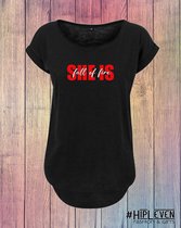 Shirt met lange rug "SHE IS full of Fire" Zwart- Wit / XL (42-44)