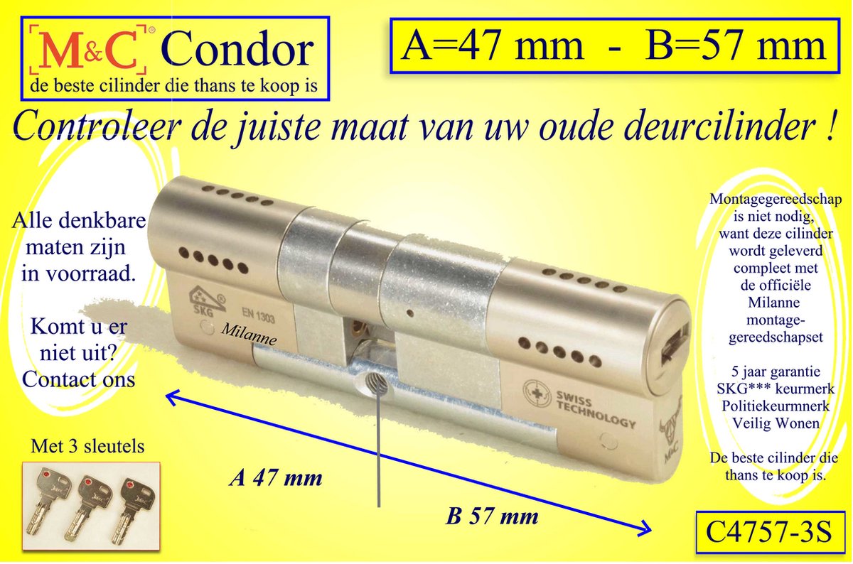 M&C Condor - High Security deurcilinder - SKG*** - 47x57 mm - Politiekeurmerk Veilig Wonen - inclusief Milanne gereedschap montageset