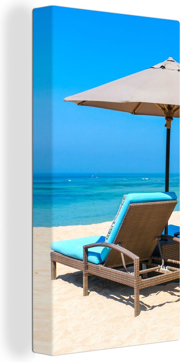 Canvas Schilderij Strandstoel - Parasol - Zomer - Zee - 20x40 cm - Wanddecoratie