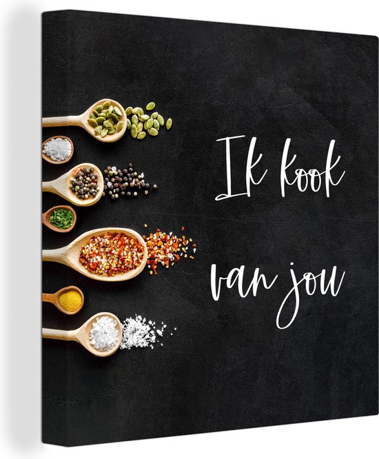 Canvas Schilderij Ik kook van jou Partner Quotes Spreuken Kruiden