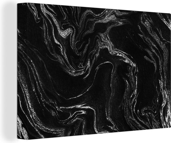 Canvas Schilderij Marmer - Zwart - Luxe - Zilver - Wanddecoratie