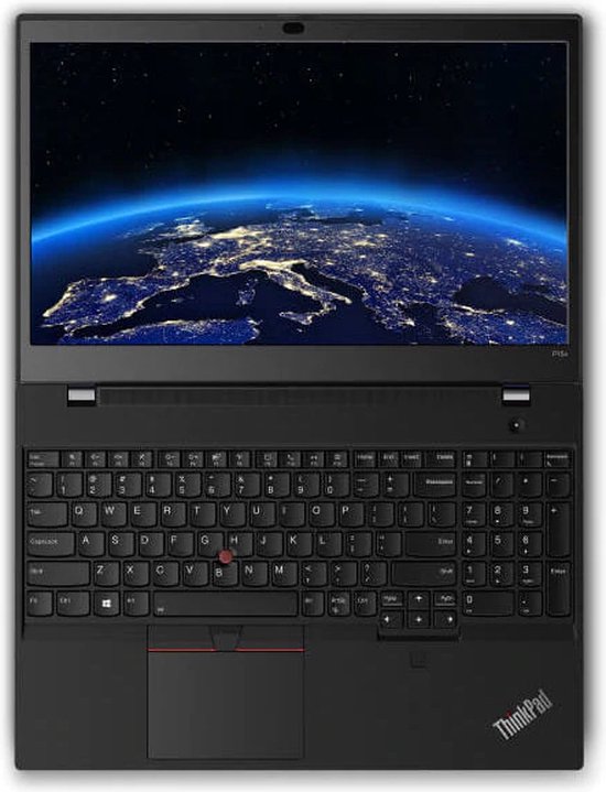 Een geopende zwarte Lenovo ThinkPad laptop, recht van voren gefotografeerd, met een scherm dat een wereldbol 's nachts toont.