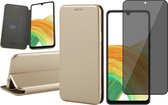 Hoesje geschikt voor Samsung Galaxy A33 - Book Case Lederen Wallet Cover Minimalistisch Pasjeshouder Hoes Goud - Tempered Glass Privacy Screenprotector