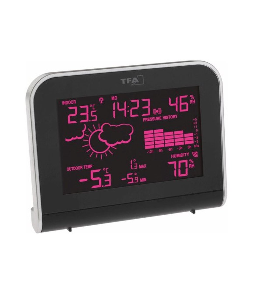 TFA Dostmann Draadloze weerstation SPRING, 35.1129.01, weersverwachting, binnentemperatuur en luchtvochtigheid, buitentemperatuur, max-min-waarden, radiografiche klok, achtergrondverlichting,zwart