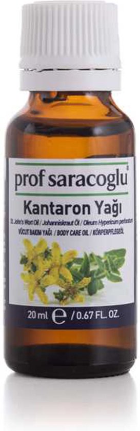 Prof Saracoglu St. John's Wort Oil 20ml flesje met tekst en een tekening van gele bloemen.