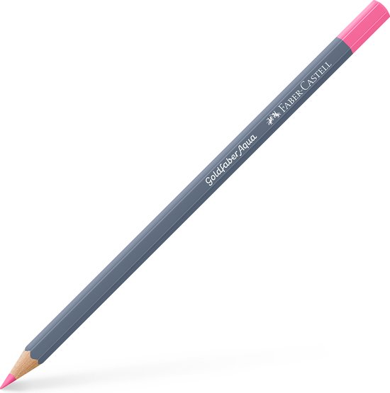 Een roze aquarel potlood met een grijze schacht en de tekst "Goldfaber Aqua Faber-Castell".