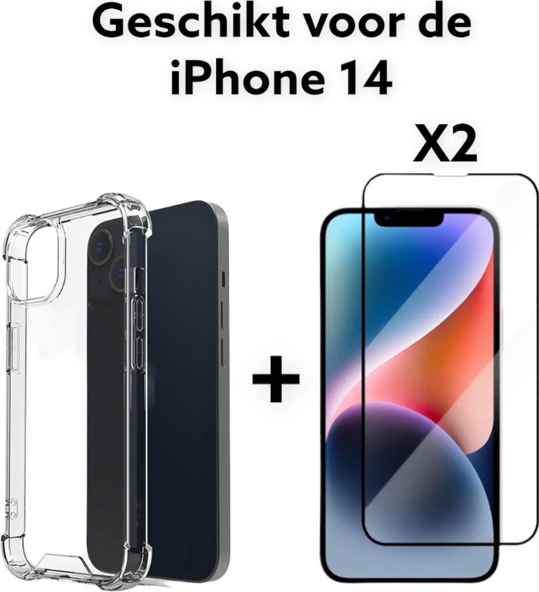 iPhone 14 Hoesje Transparant + x2 screenprotector - apple iPhone 14 Hoesje Anti Shock - iPhone 14 Anti Shock Case Antishock Shock Proof + x2 tempered glas 9H