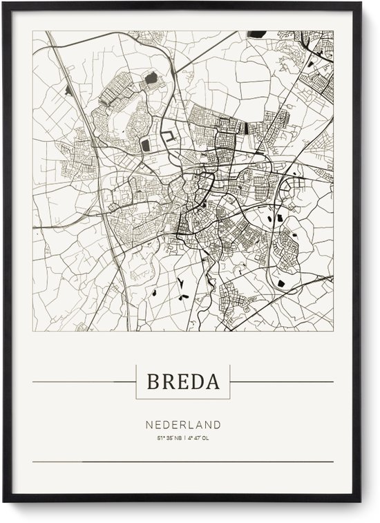 Stadskaart Breda - Plattegrond Breda – city map – muurdecoratie 30 x 40 cm in lijst