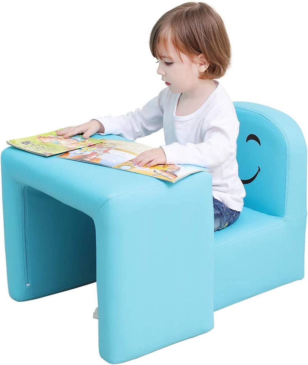 Fashion Life Kids Multifunctionele kinderstoel, stoel en tafel/kruk met grappige smile face voor jongens en meisjes (blauw