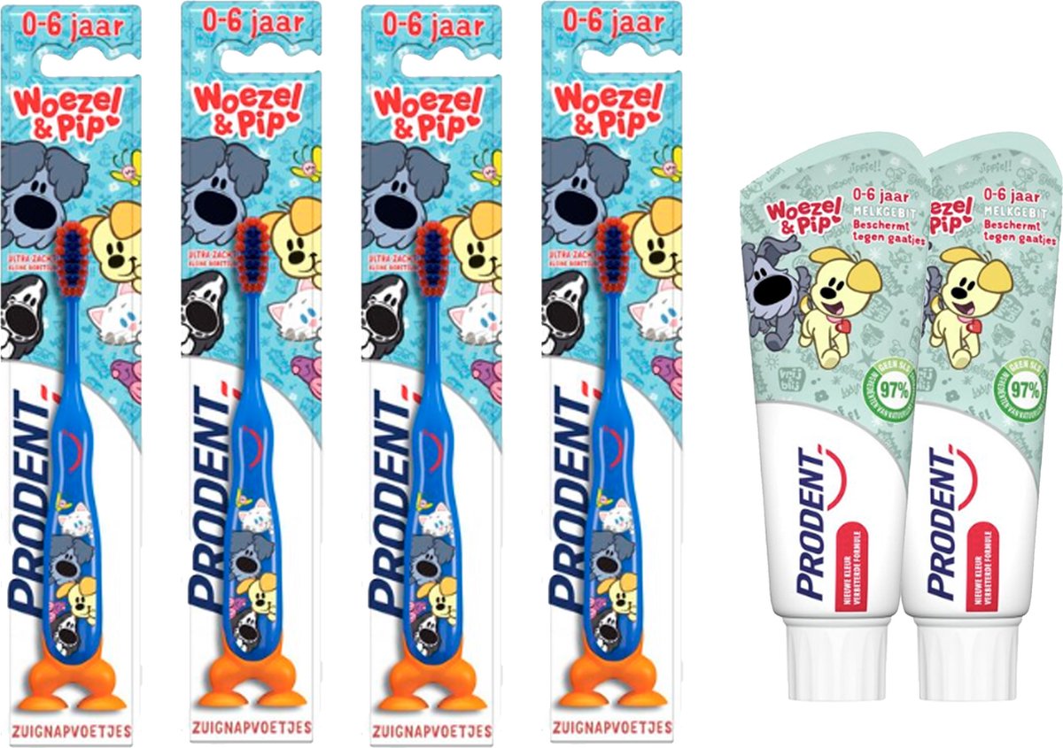 prodent - Tandenborstels - woezel & pip - Soft 4 stuks kids + 2 Prodent Woezel & Pip 0-6 jaar tandpasta