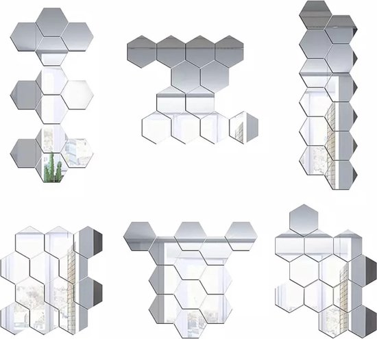 Plakspiegel - Hexagon Wandspiegel - 12 Stuks - 8x4x7cm - zelfklevend - decoratie
