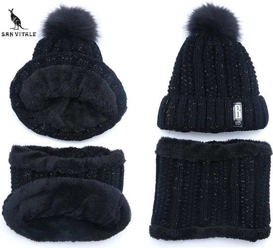Zwarte gebreide muts met pompon en col, met fleece voering.