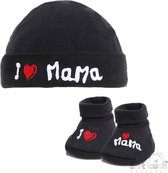 Geschenkset - I love Mama - Muts & Slofjes - Newborn - Zwart - Maat 50/56