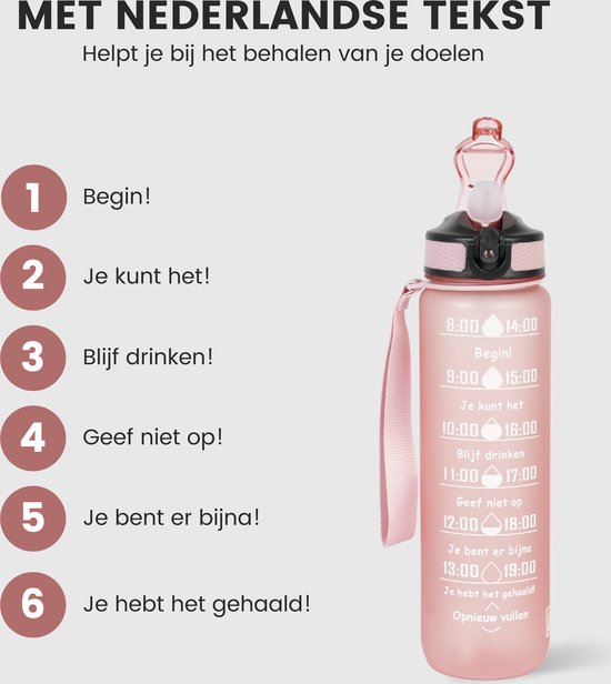 Roze drinkfles met Nederlandse tijdmarkeringen: Begin!, Je kunt het!, Blijf drinken!, Geef niet op!, Je bent er bijna!, Je hebt het gehaald!