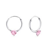 Joy|S - Zilveren oorbellen roze hartje  - oorringen 12 mm met roze hartje kristal