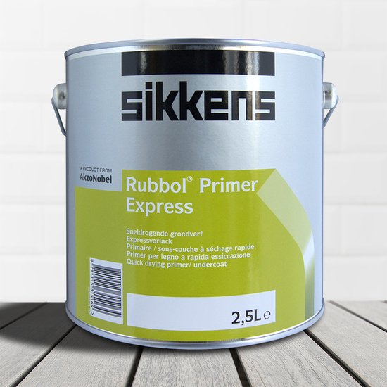 Blik Sikkens Rubbol Primer Express, 2,5L. Groene label met tekst: Sneldrogende grondverf, Quick drying primer/undercoat.