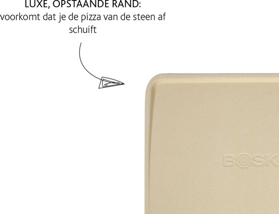 Beige rechthoekige pizzasteen met opstaande rand, 40 x 32 cm.