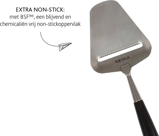 Boska kaasschaaf met RVS blad en een logo dat 'Extra Non-Stick' aangeeft.