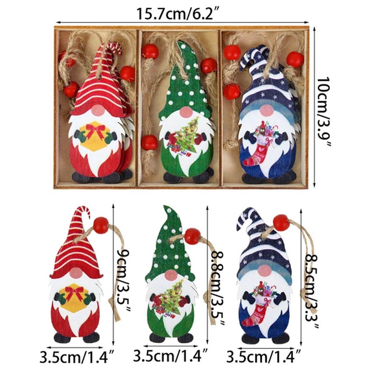 Houten Kerst hangers Gnome Kabouter in houten kistje (9 stuks)