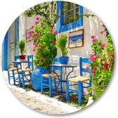 Traditioneel Griekenland - taverna's op straat - Muurcirkel Forex 40cm - Wandcirkel voor binnen - Bloemen