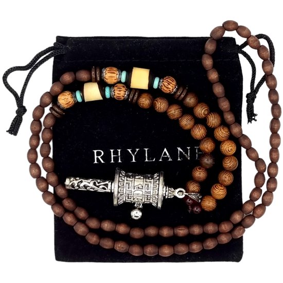 Rhylane - Boho Mala Ketting Met Tibetaanse Hanger – Hout & Steen -Bruin - 80 cm