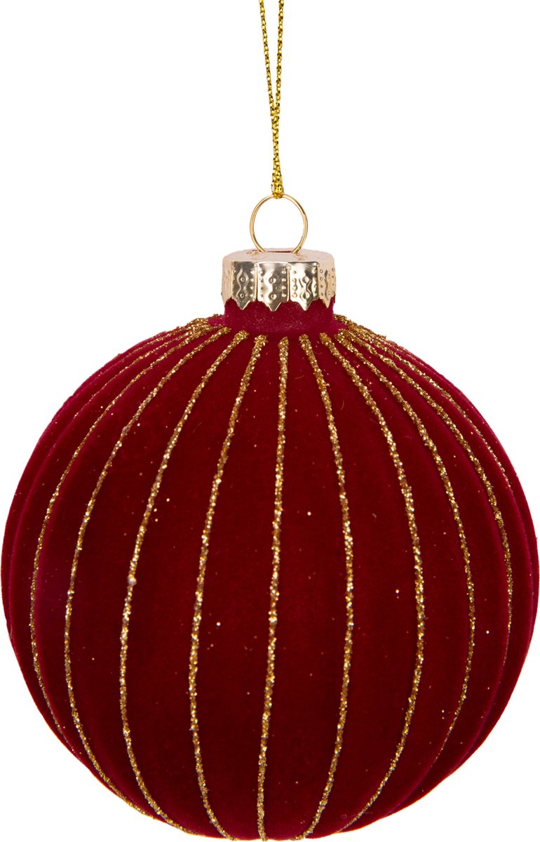 Cosy & Trendy - Kerst - Kerstballen - Set van 2 - Glitter - Strepen - Bordeaux - D8cm - Glas