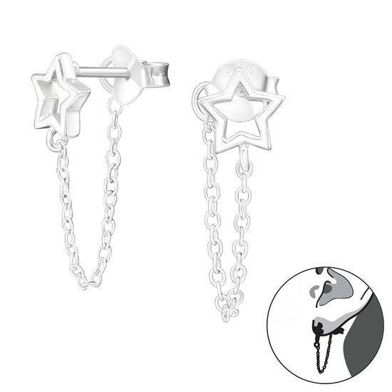Joy|S - Zilveren ster oorbellen - met kettinkje - oorknoppen
