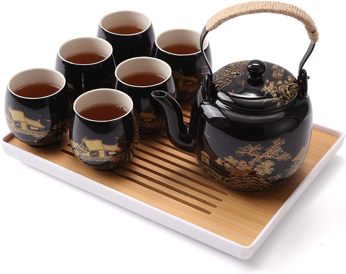 Dujust Japanse theeset, zwarte porseleinen theeset met 1 theepotset, 6 theekopjes, 1 dienblad, 1 zetgroep, mooie Aziatische theeset voor theeliefhebbers (Field in Gold)